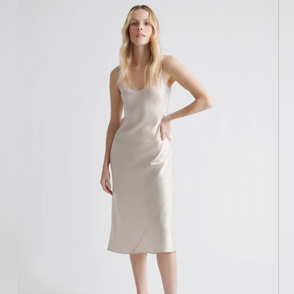 Quince Washable Silk Midi Dress Champagne Color Size M